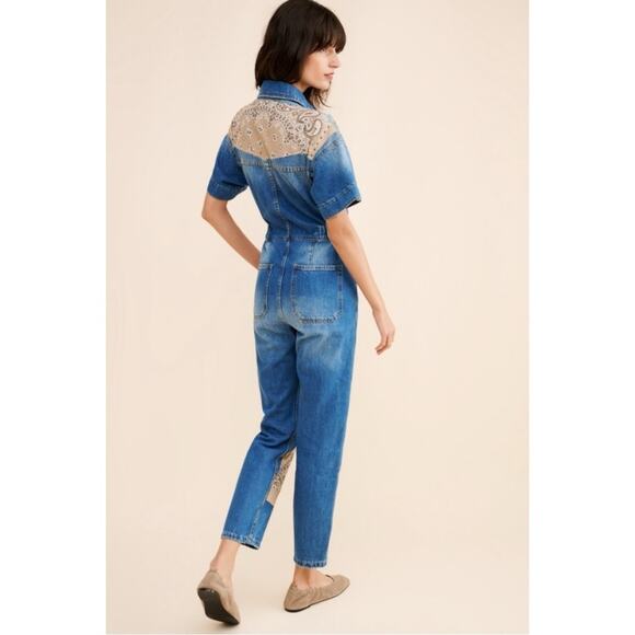 Free People X Tricia Fix Bandana Denim Jumpsuit Coveralls Size XL Western Boho - Picture 4 of 10
